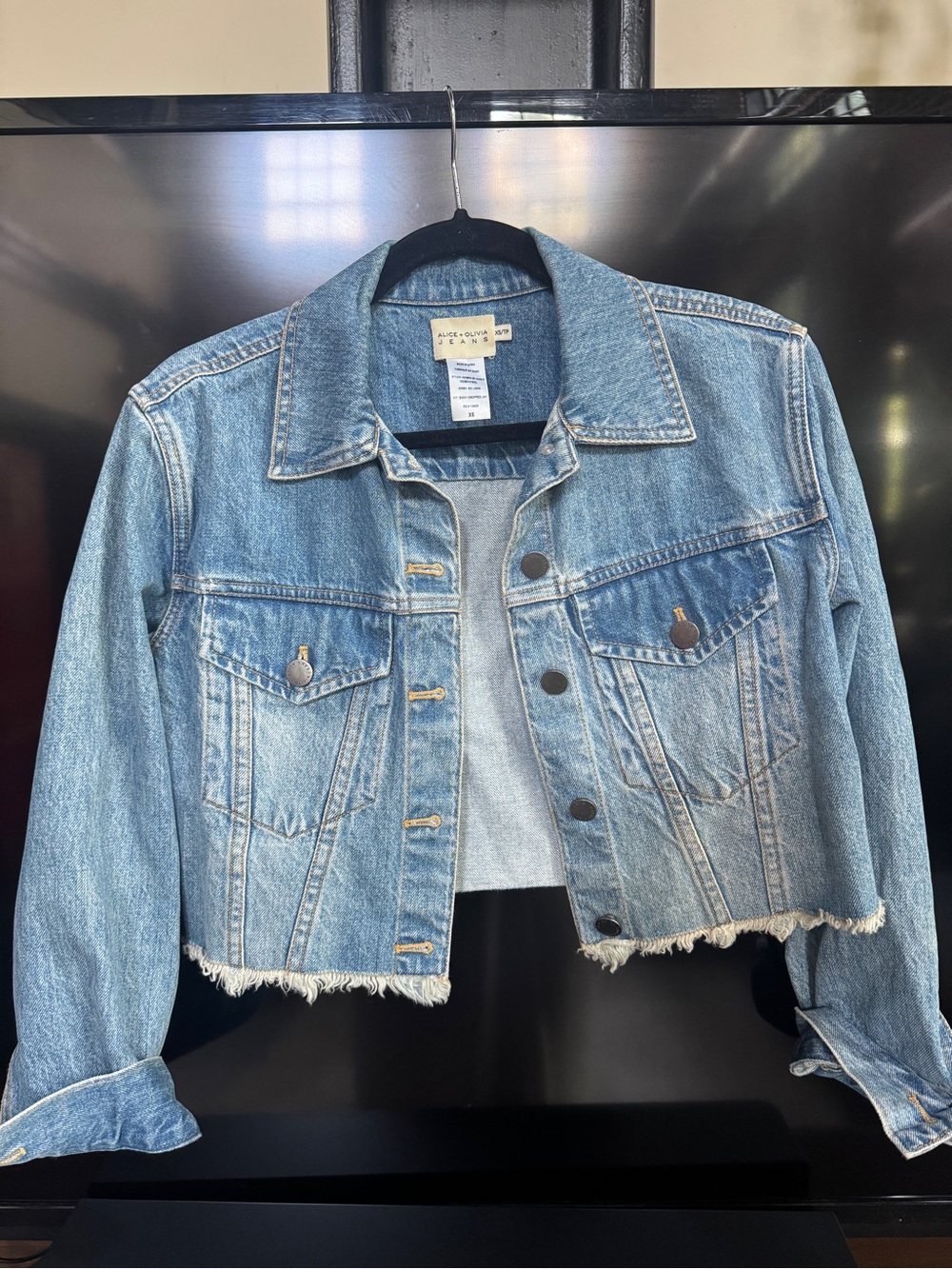 Alice + olivia Light Wash Blue Cropped Denim Jacket